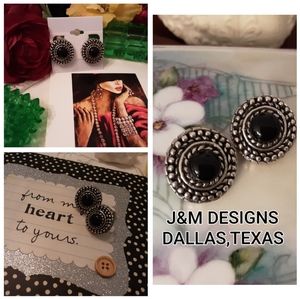 J&M DESIGNS VINTAGE 925 SOLID STERLING SILVER & ONYX CLIP EARRINGS